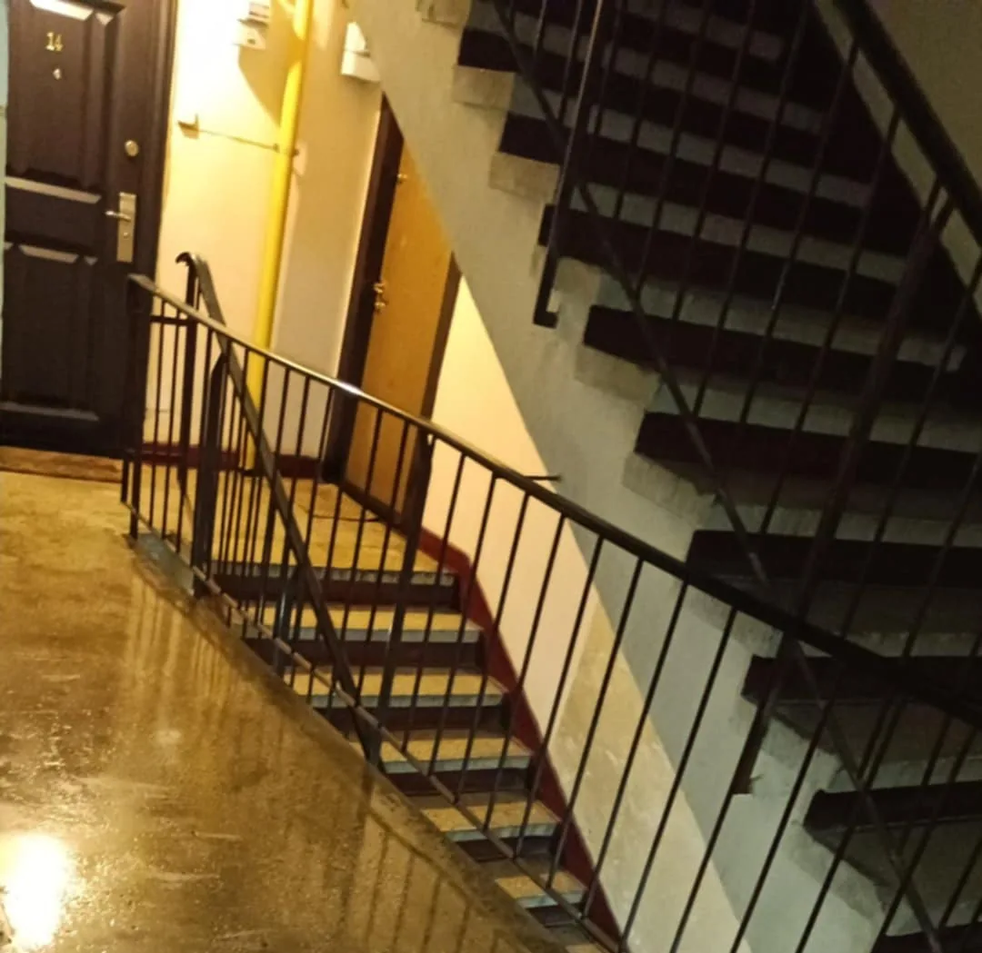 Scara de bloc curățată de noi: mozaic lucios, balustradă neagră, ușa 14
